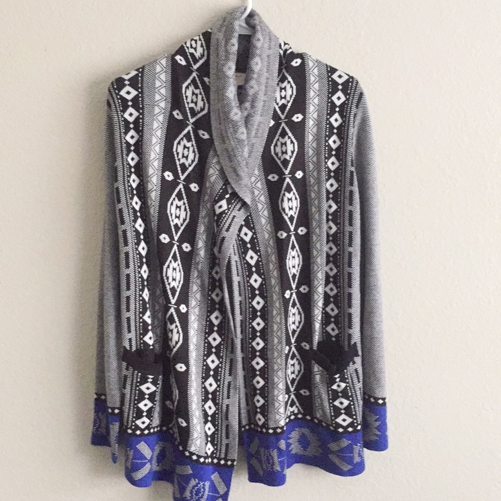 Everly Open Front Bohemian Navajo Aztec Blue Cardigan Size Small